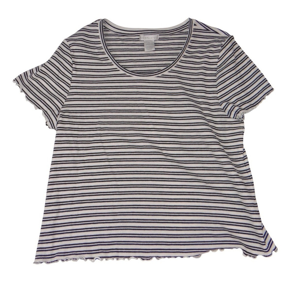 Design History Womens Black White Striped Cotton Lettuce Edge Knit Top Large